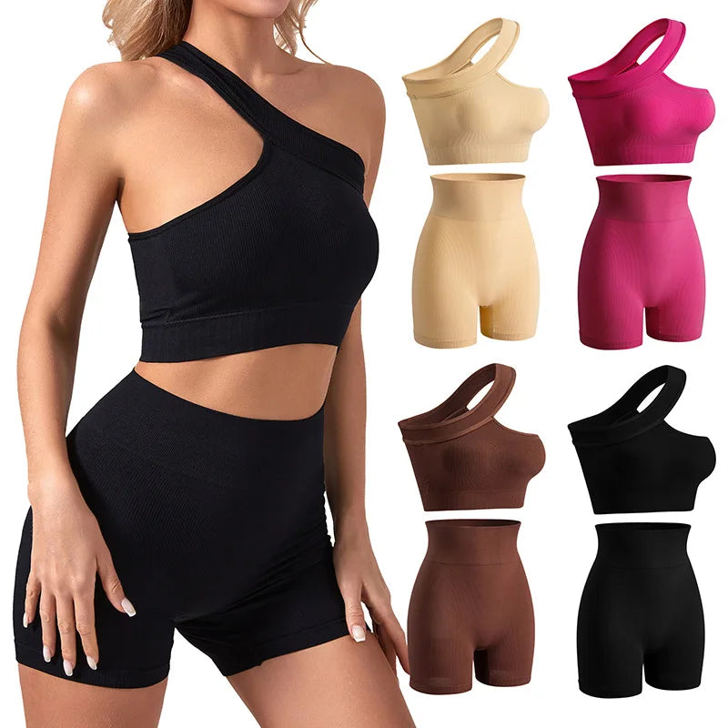 Women's Seamless 2 Piece Workout Sets Ribbed Tank Two Piece High Waist Gym Outfit Yoga Shorts Set