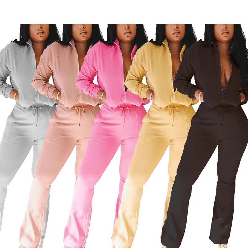 F230597 Women's Clothing Fall 2025 Autumn Two Piece Crop Top Hoodies and Jogger Sets Women Zipper Hoodie Flare Jogger Pants Set