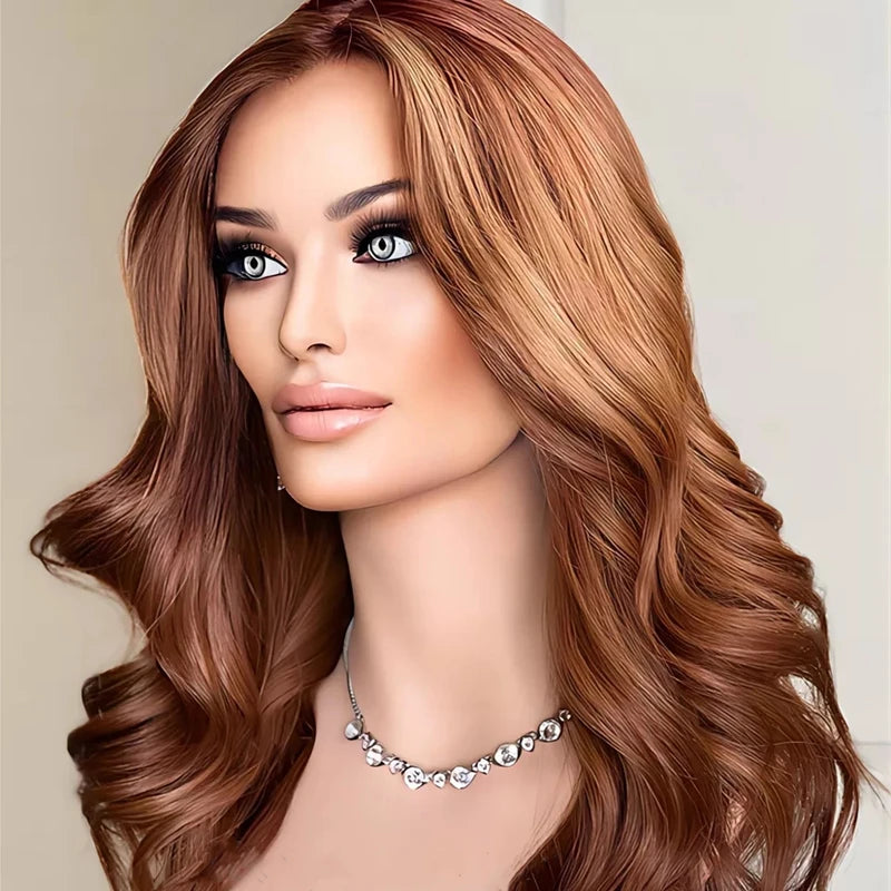 Light Brown Human Hair Wigs Silk Top Body Loose Wave Raw European Hair Grade 14A Highlight Color Invisible Knots Wig