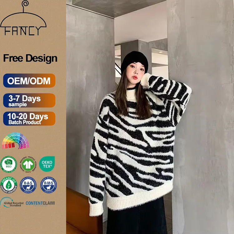 Customized Zebra Pattern Printed Round Neck Printed Men'S  Sweater Chill Pullover Long Sleeve Men Sweater