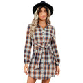 Autumn Spring Fashion Long Sleeve Casual Check Shirt Skirt for Women Front Tie Button Down Plaid Shirt Dress