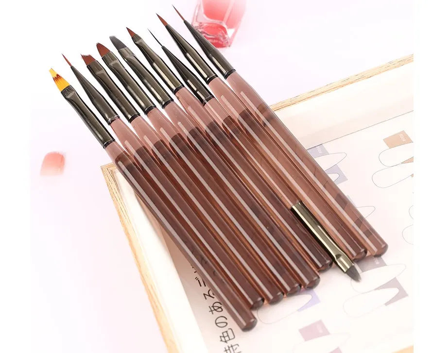 New Japanese Set 9 Brown Double Head Liners Nail Art Brushes with Nylon Material for Nail Art
