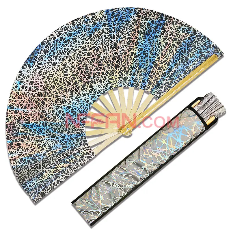 In Stock Reflective Iridescent Holographic Silver Folding Clack Hand Fan with Fan Bag As Rave Festivals Party Accessories