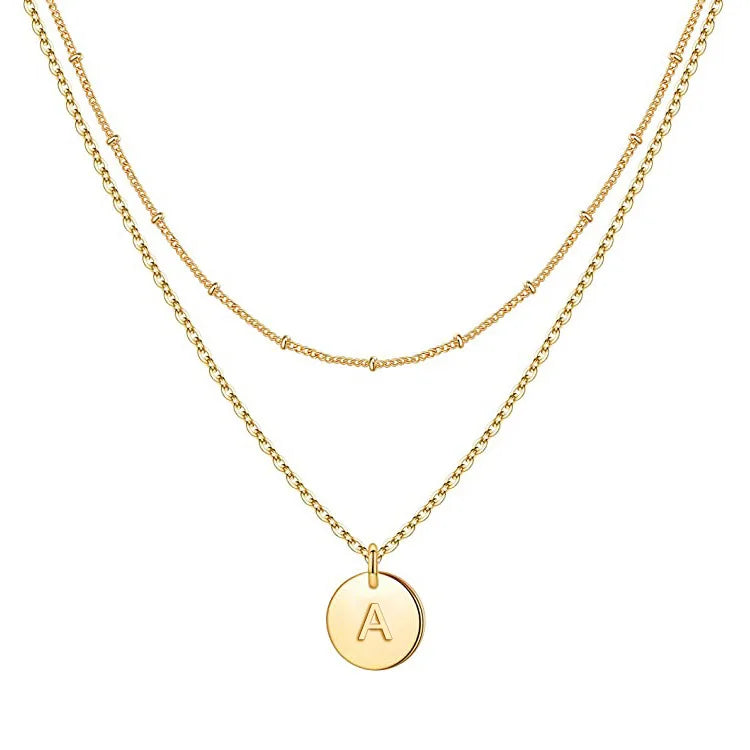 Dainty 18K Gold Stainless Steel Multi-layer A-Z Initial 26 Letter Coin Disc Pendant Double Layer Initial Necklaces for Women