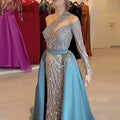Arabic Luxury Beaded One Shoulder Turquoise Evening Dress With Overskirt Dubai Women Wedding Party Gowns Lsz307