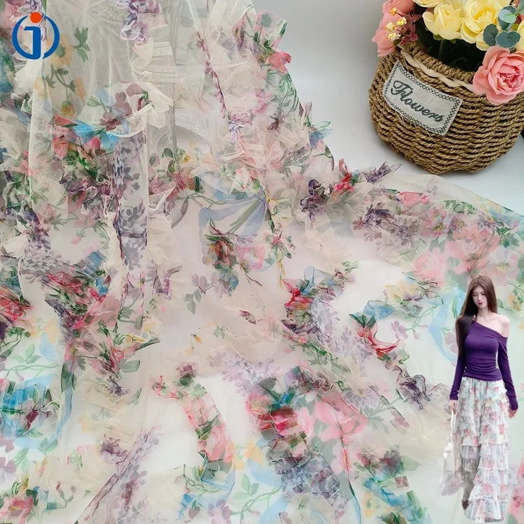 Fashion Polyester Colorful Floral Rose Custom Design 3D Embroidery Printed Tulle Mesh Fabric for Elegance Clothing