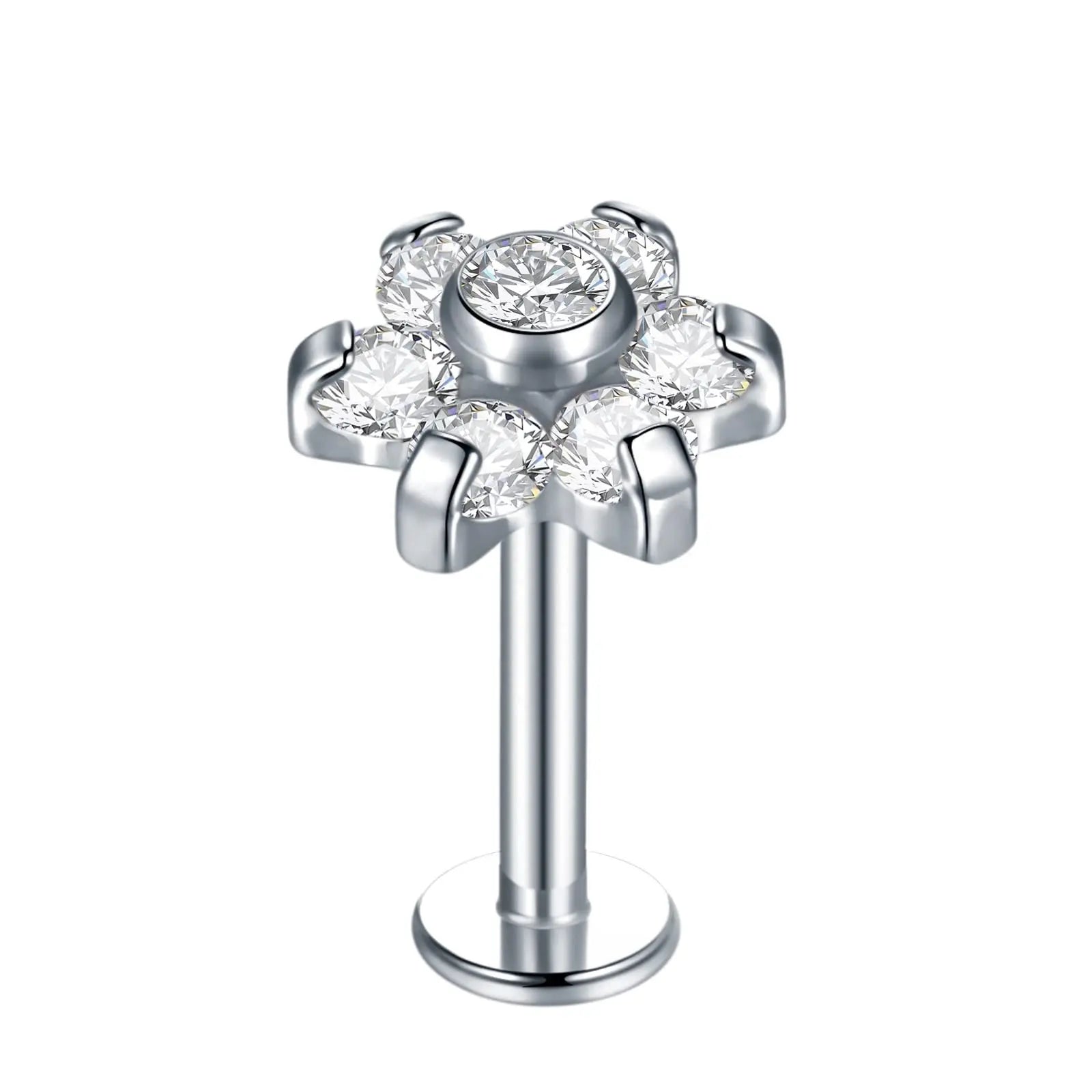 New Lip Piercing Zircon Petal Internal Thread Labret Cartilage Ear Stud Nose Ring Silver Plated Trendy Titanium Piercing Jewelry