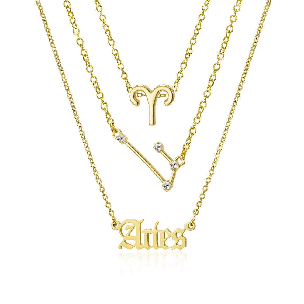 Alloy Chain Gold Silver Color Horoscope English Font Rhinestone Bead Image Zodiac Sign Pendant 3 Layers Jewelry Necklace