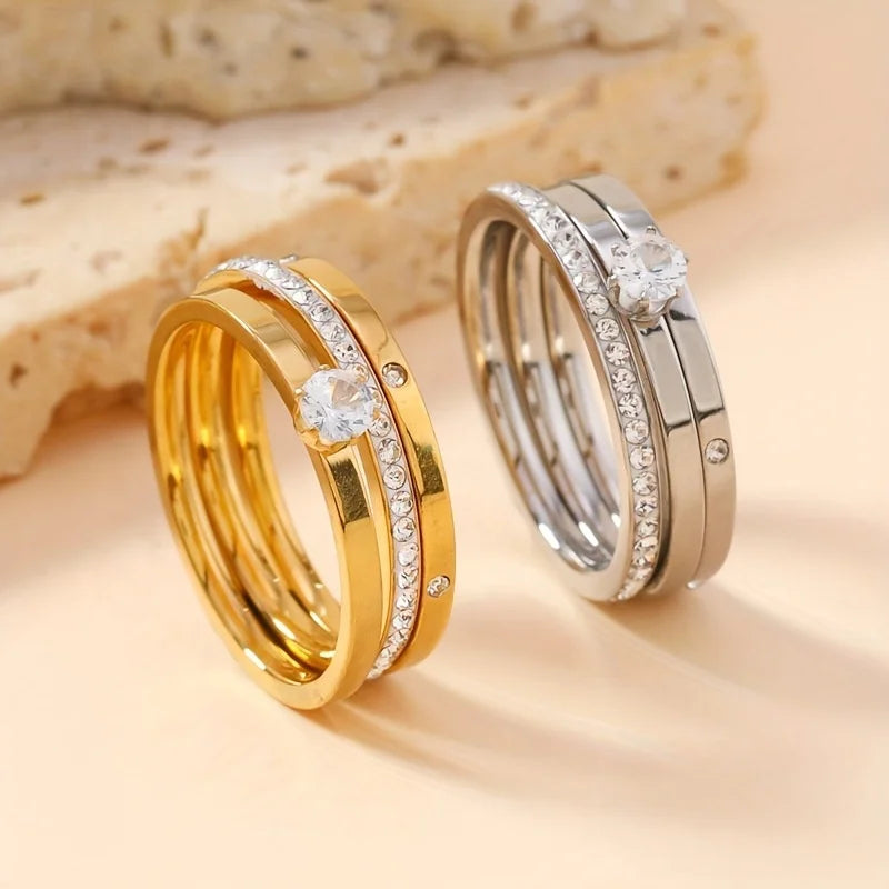 Ouj Fashionable Stainless Steel Best-selling 18k Gold Plated Zircon Three Piece Ring Set for Women