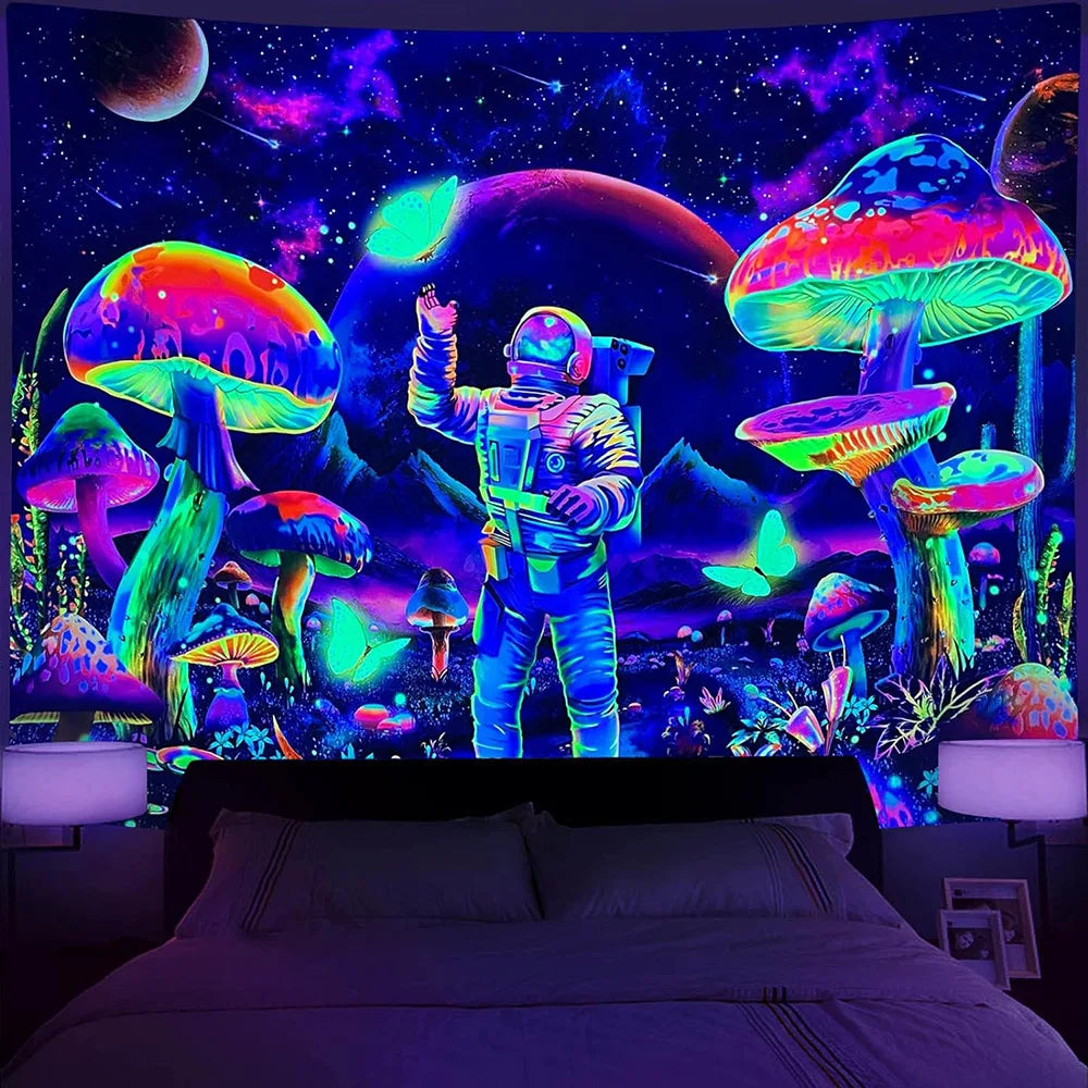 Customized Neon Blacklight Tapestry Fantasy Mountain Waterfall TapestriesGalaxy UV Reactive Astronaut Wall Hanging Home Decor