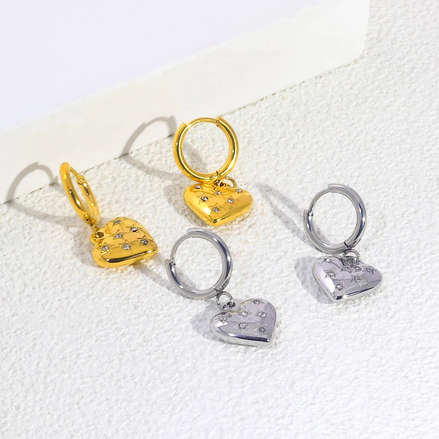 GOODLUCK Women's Trendy Geometric Heart Star Crystal Rhinestone Huggie Earrings 18k Gold Silver Plated Stainless Steel Two Tone