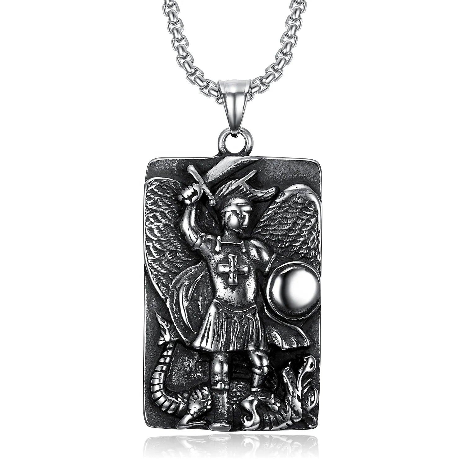 Religious Jewelry Saint Michael Necklace Stainless Steel St. Michael Saint Patron Shield Massive Prayer Medal Necklace