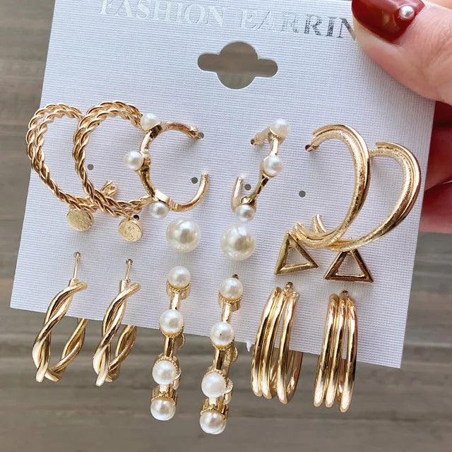 Trendy Heart Pearl Butterfly Earrings Set for Women Jewelry Large Geometric Twist Chain Hoop Stud Dangle Earring Sets