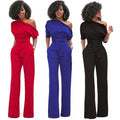 New One Piece Loose Slant Shoulder Strapless Women Pure Color Short Sleeve Wide Legs Jumpsuit