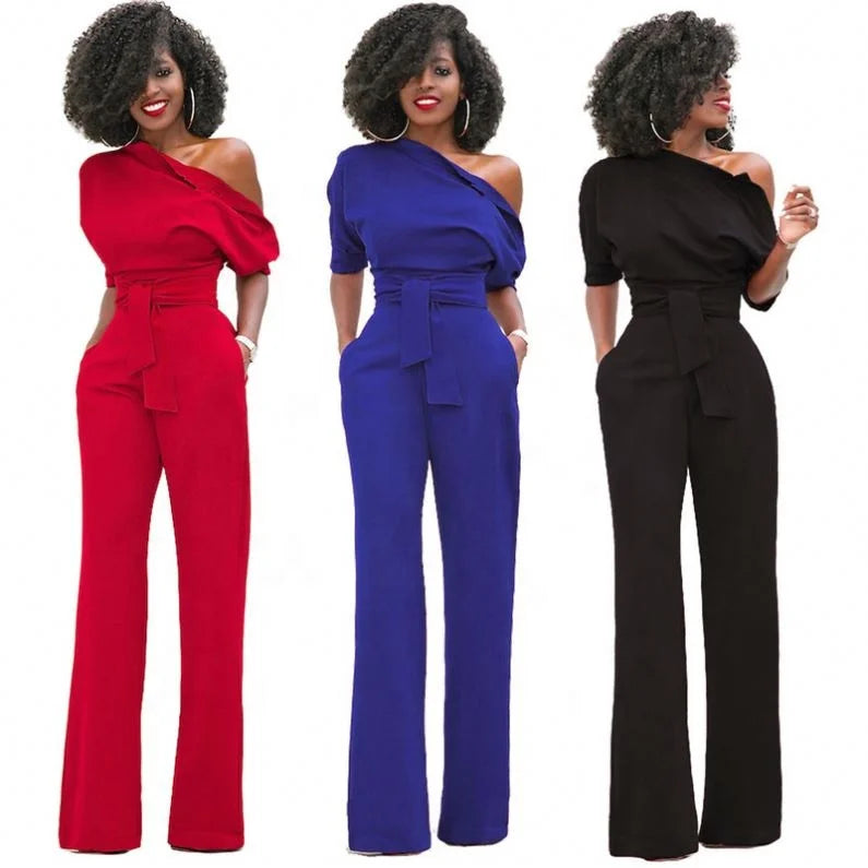 New One Piece Loose Slant Shoulder Strapless Women Pure Color Short Sleeve Wide Legs Jumpsuit