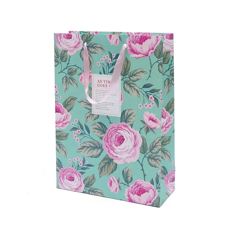 Wholesale Beautiful Floral Printed Favor Paper Bags with Offset Printing Recyclable Cotton Rope Handle for Supermarket Shopping