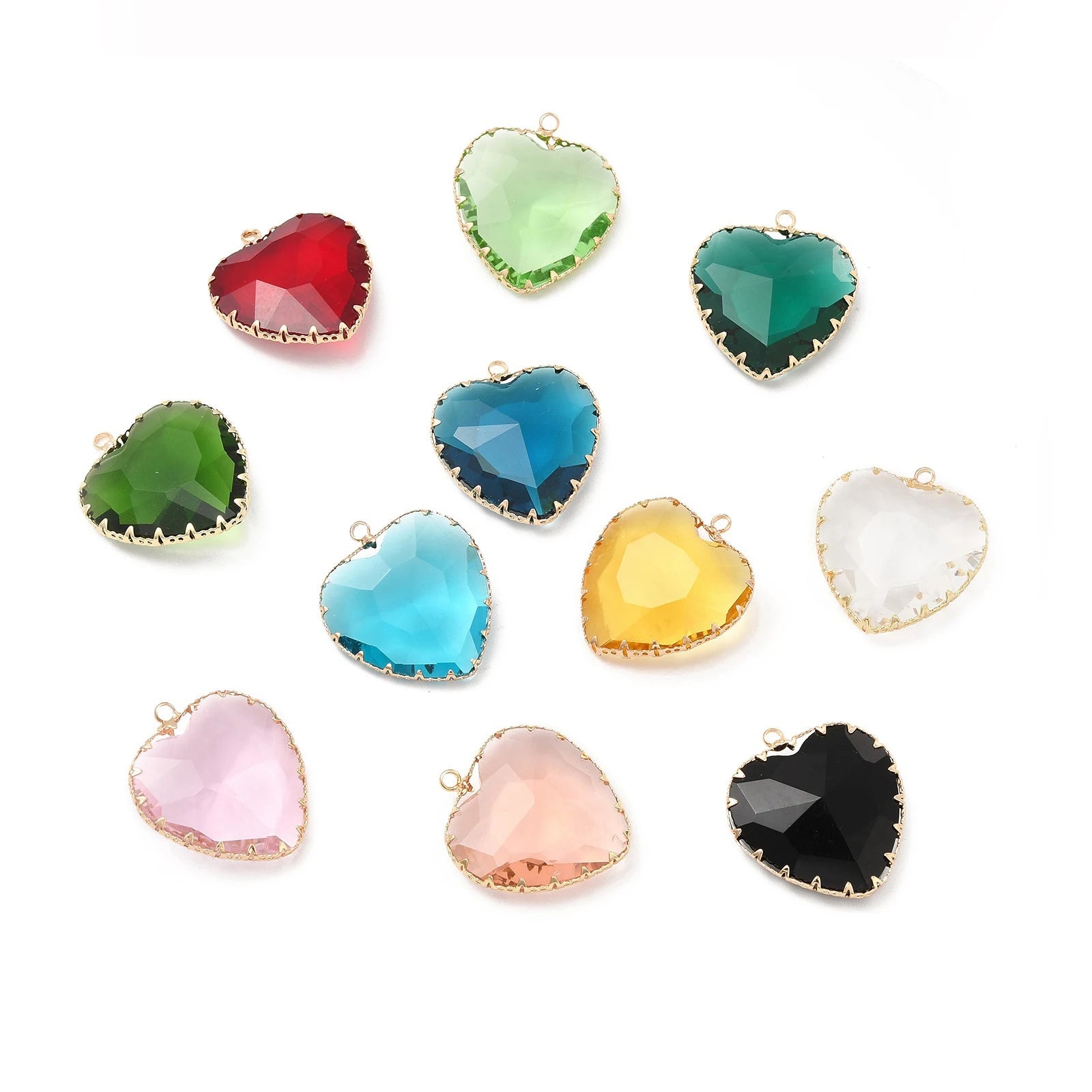 20 Pcs Faceted Mixed Color K9 Glass Pendants Heart Charms with Light Gold Tone Brass Findings