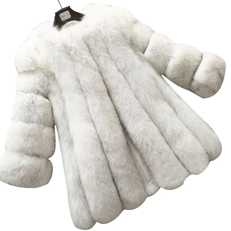 Luxury Plush Women's Fox-Like Long Mid-Length Vegan Leather Winter Outerwear Elegant Faux Fur Jacket Mink Type