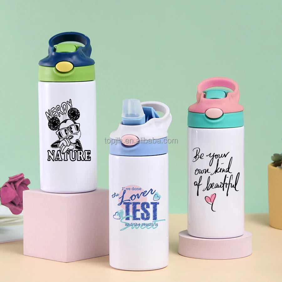 Topjlh Sublimation Tumbler with Lid and Straw 12oz Kids Sublimation Water Bottles Stainless Steel Cups for DIY