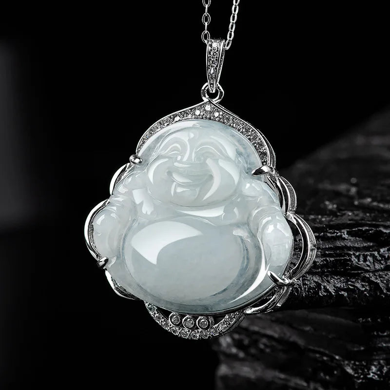 Certified Jade Buddha Pendant a Grade Ice Jade Jadeite 925 Silver Charm Buddha Pendant