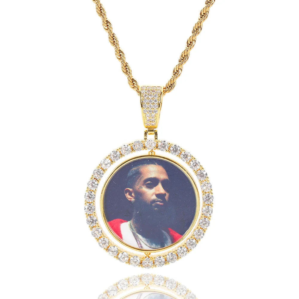 Custom Double Sided Brass Zircon Photo Frame Pendant Big Hook Rotating Circle Memory Picture Personalized Children's Jewelry