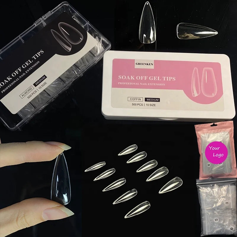 Private Label French Artificial Tips Nails 500pcs Transparent Gel X Gelly Tips Press on Nails Clear Full Cover Soft Gel Tips