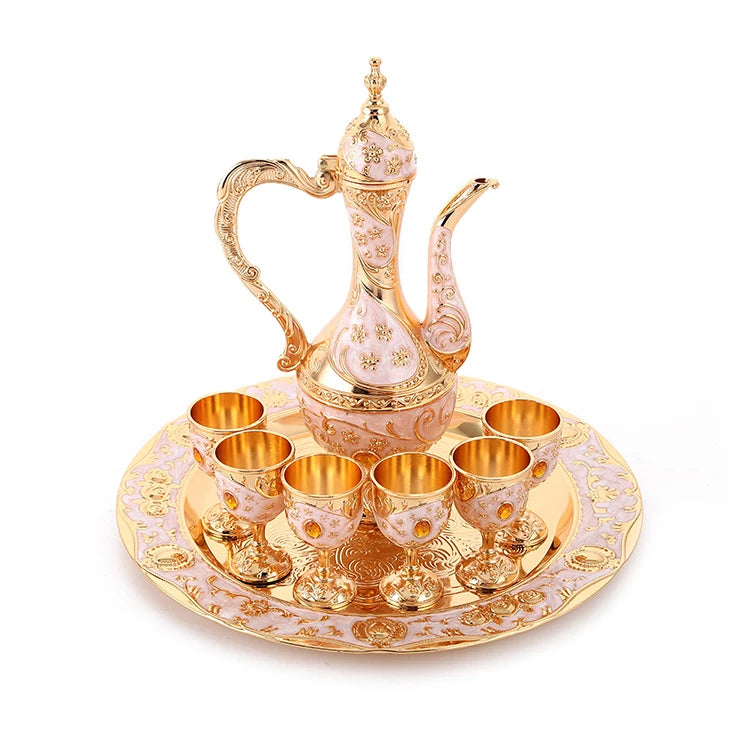 Vintage Luxury European Golden Wedding Gift Set Metal Coffee Pot Teapot & Tea Tray with 6 Cups for Serving Tea