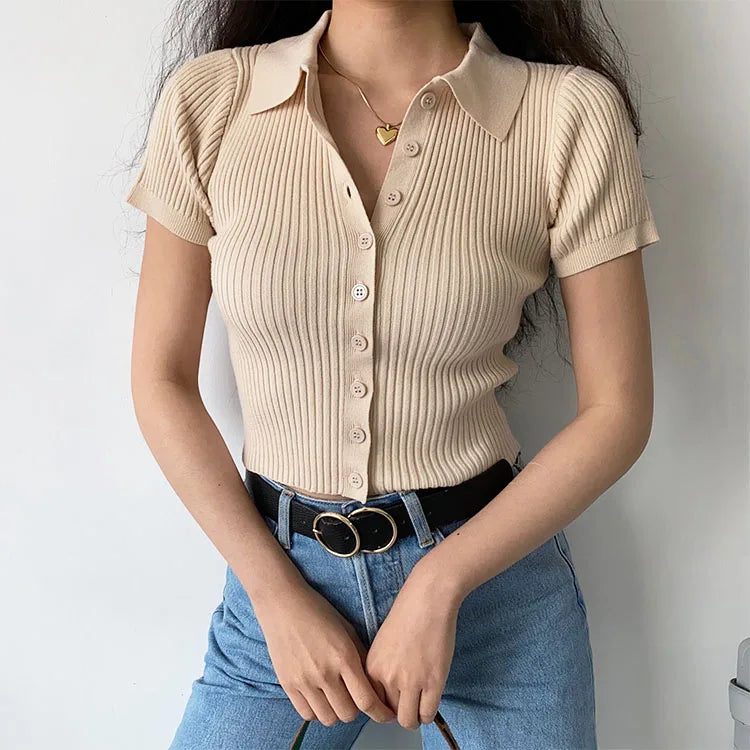 OEM Factory Women's Slim Short Style Knit Cardigan Custom Summer Short Sleeve Polo Neck Rib Knit Top Casual Thin Sweater