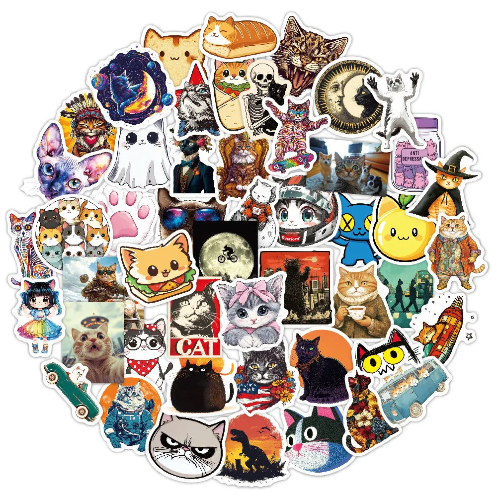 50 Pcs Cute Cat Graffiti PVC High-quality Durable Stickers for Refrigerator Pencil Case Guitar Phone Case Helmet and Books