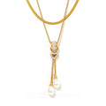 YF3949 Stainless Steel 18k Gold Plated Zircon Buckle Heart Shaped Tassel Imitation Pearl Pendant Necklace Waterproof Jewelry