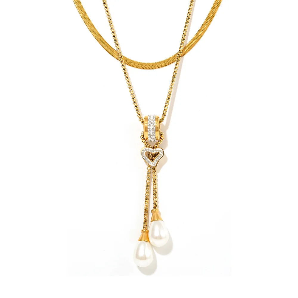 YF3949 Stainless Steel 18k Gold Plated Zircon Buckle Heart Shaped Tassel Imitation Pearl Pendant Necklace Waterproof Jewelry