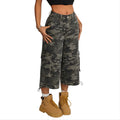 Women's High Rise Wide Leg Cargo Jeans with Side Pockets Loose Fit Camouflage Straight Leg Simple Fashion Pocket Wear