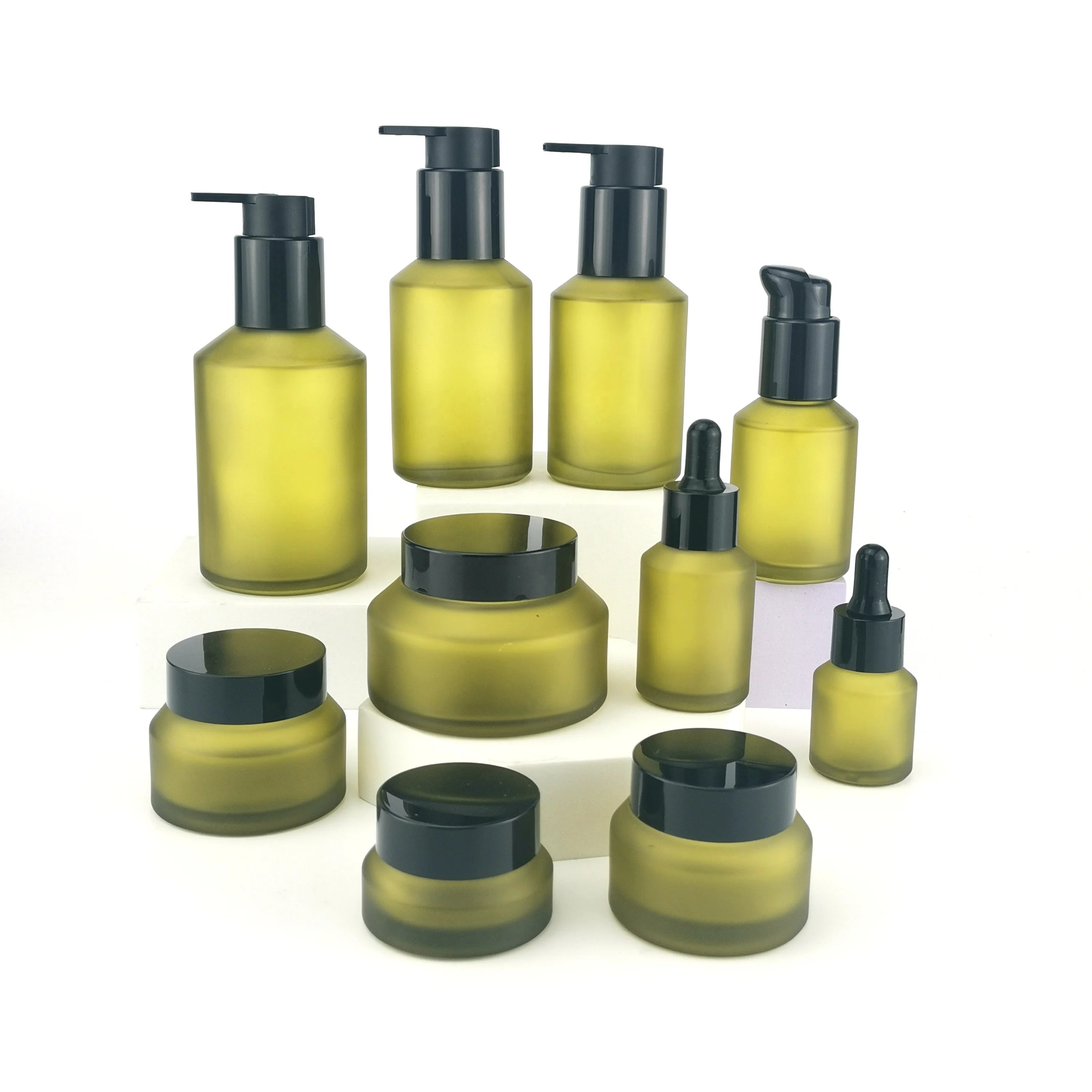 Olive Green Glass Bottle 30 ml 60 ml 100 ml 200 ml Cosmetic Bottle and 30 gm  50 gm 100 gm Glass Jar With Lid