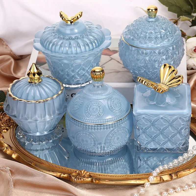 European Style Creative Sky Blue Embossed Candle Jar with Lid Glass Empty Candle Jar Luxury