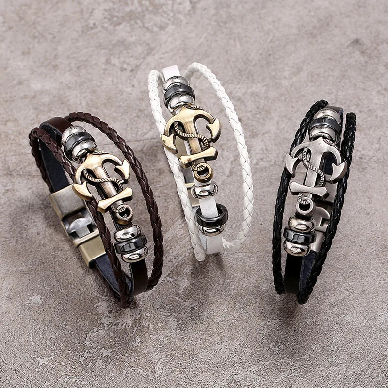 Europe America Man Popular Accessories Alloy Anchor Fashion Bracelet Simple Versatile Multi-layer Wove Leather Bracelet