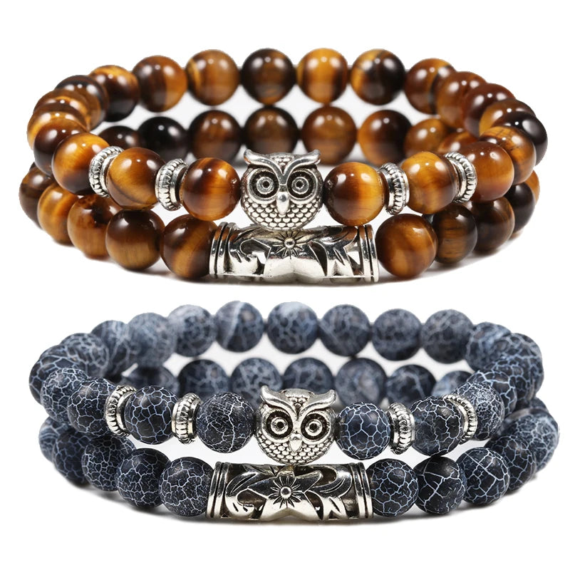 gemstone Classic Unisex Yoga for Bracelet Owl Beaded Charm Natural Black Lava Tiger Eye Weathered Gemstone Pearl Diamond Key Ball Number