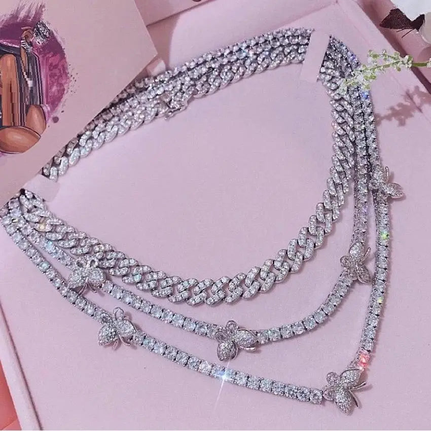 Hip Hop Mini Butterfly Charm CZ Tennis Chain Necklace Women Diamond Tennis Chain butterfly Choker Necklace Jewelry