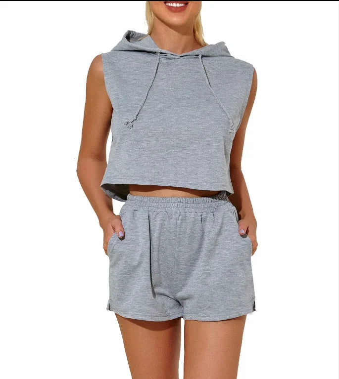 Custom Logo  Women's Sportswear Cropped Shorts Sleeveless Hoodie With Shorts Set Drawstrings Lady Hoodie Elastic Waist