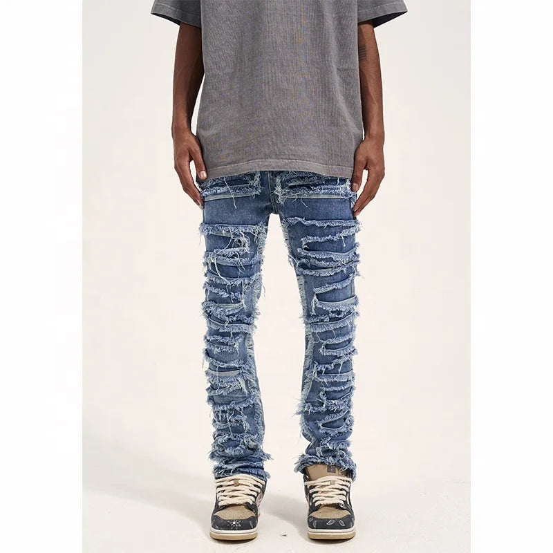 OEM FOG Private Label Blue Fashion Brand Drop Shipping Stock Ripped Patch Jeans Men