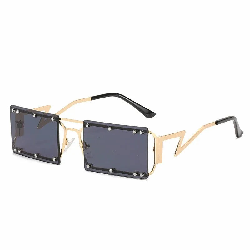STORY XY-M502 Personality Small Frame Steampunk Shades Glasses Modern Square Metal Rivet UV400 Champagne Punk Sun Glasses