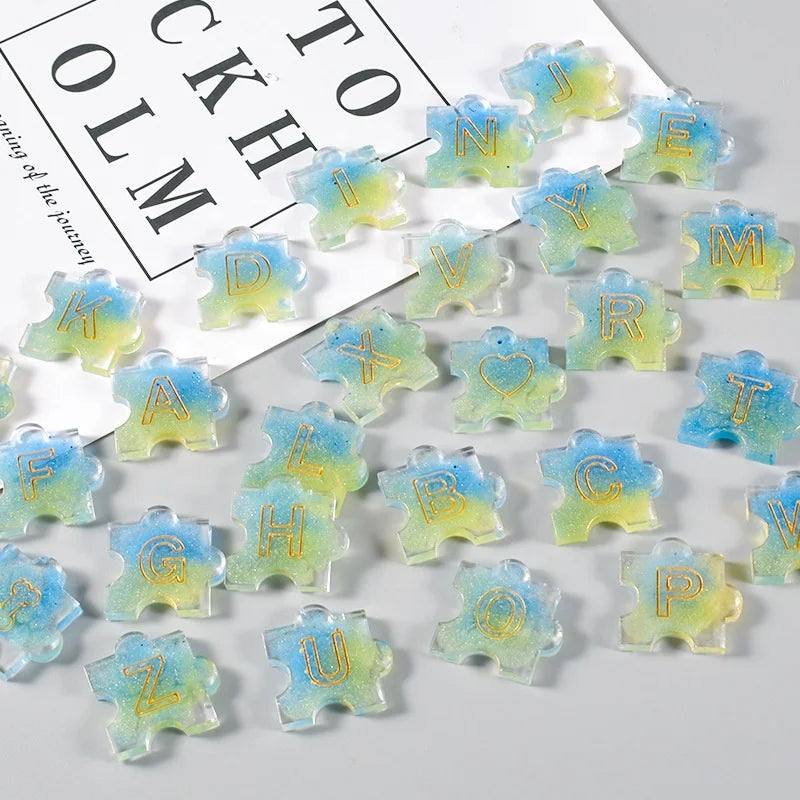 B-5561 Diy 26 Letter Jigsaw Puzzle Crystal Glue Epoxy Resin Silicone Mold For Making With Hole Pendant Bracelet Handmade