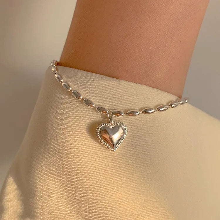 Korea Simple Fashion Pure 925 Sterling Silver Olive Seed Beaded Chain Heart Pendant Bracelets for Women Girls Jewelry