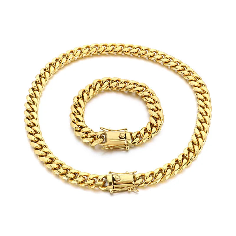 Kalen Hip Hop Cuban Chain Necklace Bracelet for Men Women 12mm Thick Stainless Steel Multi-Size Geometric Necklaces