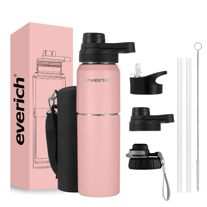 Double Wall Insulated Water Bottles 304 Stainless Steel Thermos Bottle Wide Mouth with Different Lids( Handle Lid & Straw Lid)