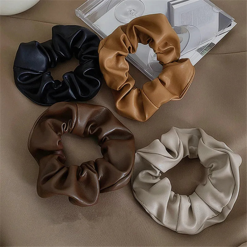ShanHai Women Girls Vintage Leather Elastic Hair Bands PU Leather Soft Scrunchies Rubber Bands Female Fashion Hair Accessories