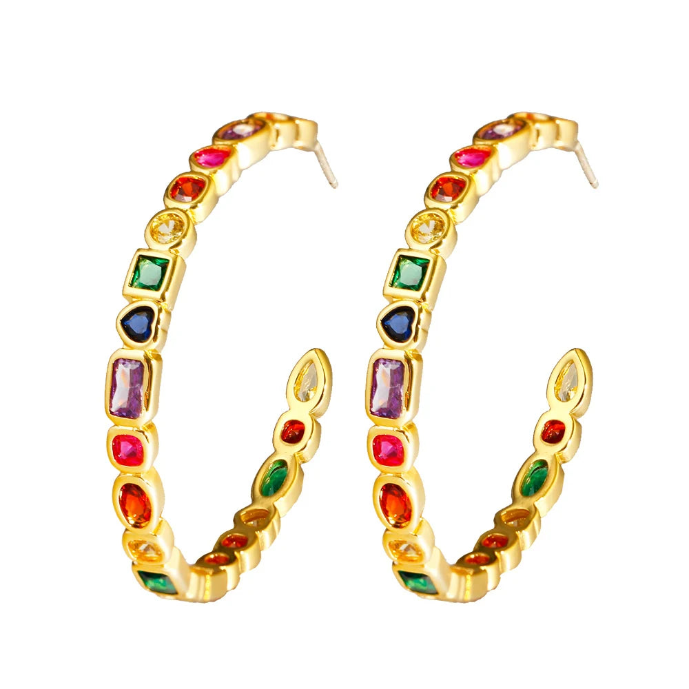Fashion Multi Color Geometric Cubic Zirconia Big Circle Hoop Party Earrings Women Girls Costume Jewelry Daily Wear Accessories