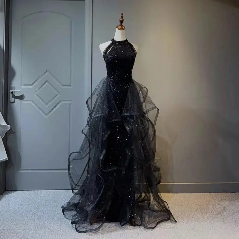 New Party Dress Black Banquet Evening Dress Female New Adult Birthday Slim Student Performance Dress