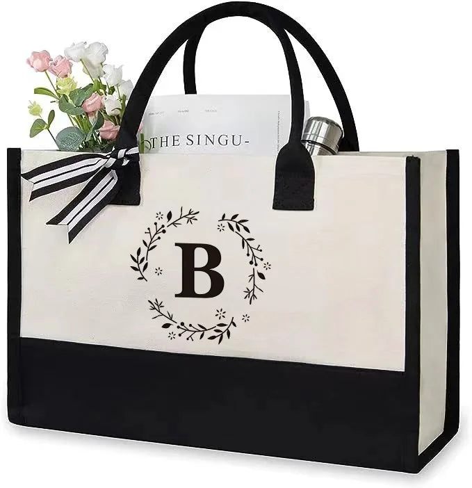 Personalized Cotton Canvas Beach Tote Bag Initial Embroidered Letter Design Rope Summer Autumn Daily Use Gift Monogrammed