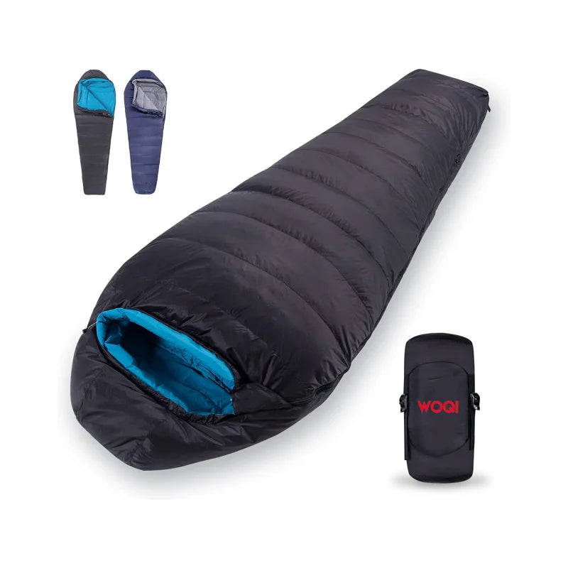 WOQI Mummy Shape Duck Down Warm Sleeping Bag with Compact Bag Camping Equipment with a 15-degree Rating
