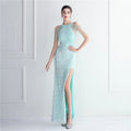 19386# Temperament Elegant Long Halter Slit Sequins Heavy Glass Beading Banquet Evening Dress